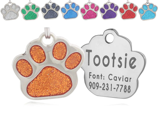 io tags Pet ID Tags Personalized Dog Tags and Cat Tags Custom Engraved Easy to Read Cute Glitter Paw Pet Tag (Orange)